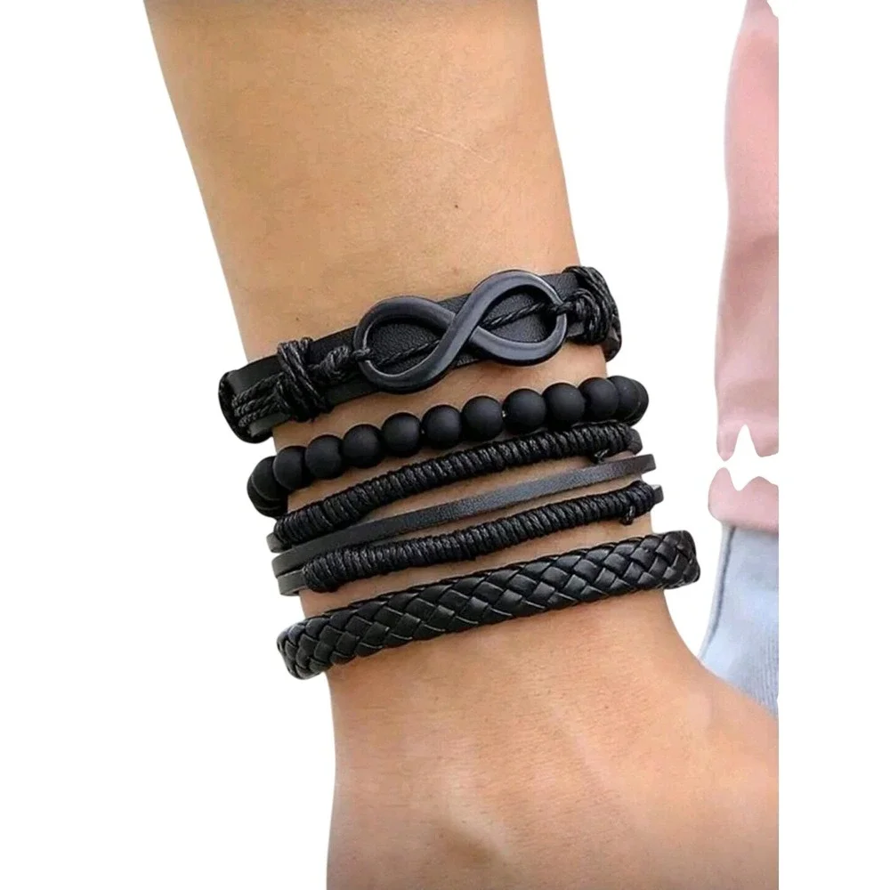 Men's Bracelet‎ Set Infinity Bead Leather Braided Multi Layer Wristband